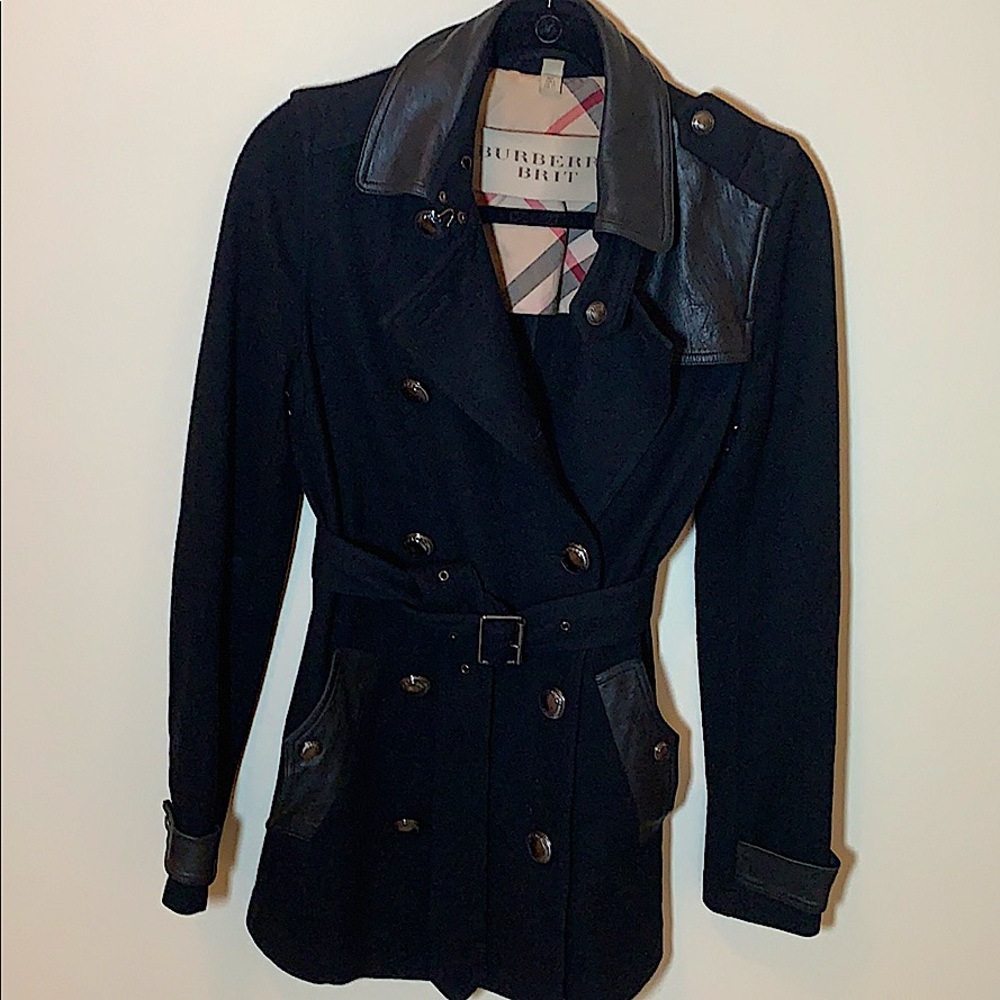 Burberry Brit Black Wool Jacket Leather Trim Rare
